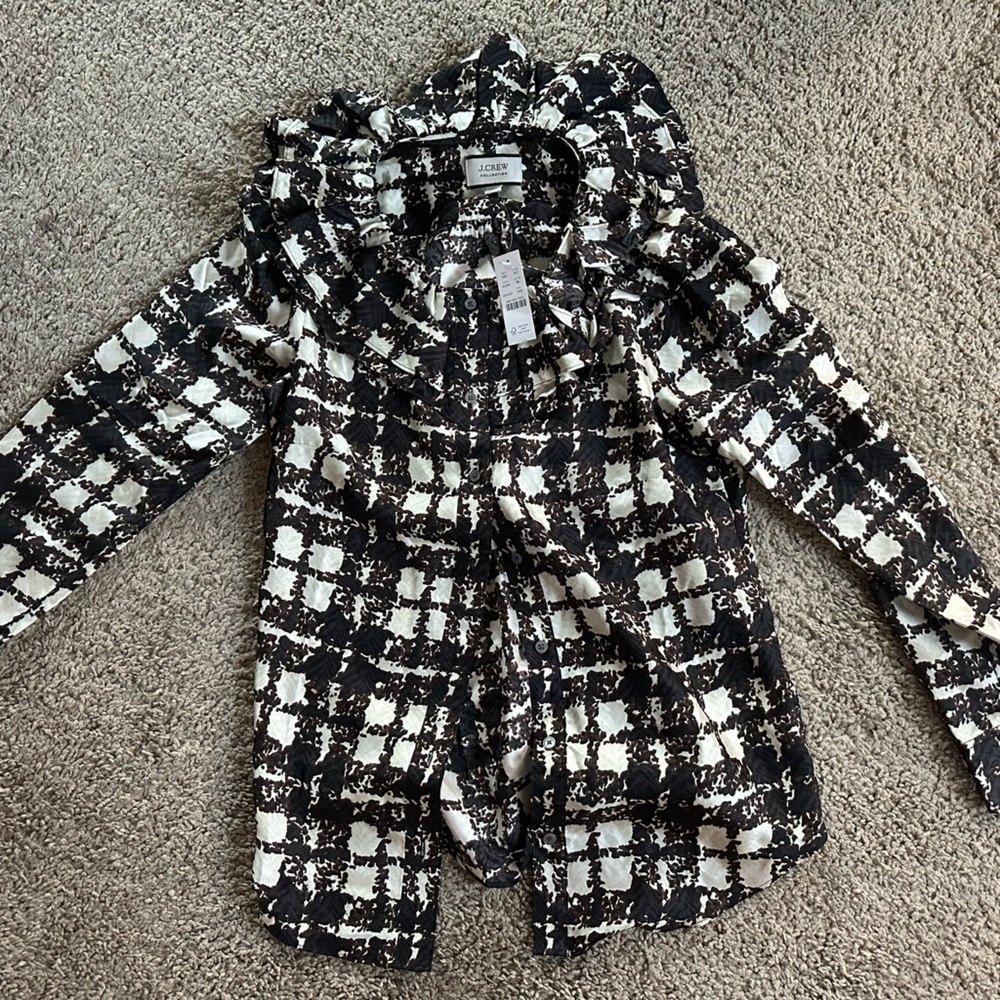 J Crew Collection silk twill ruffle collar top plaid-AU260 XXS